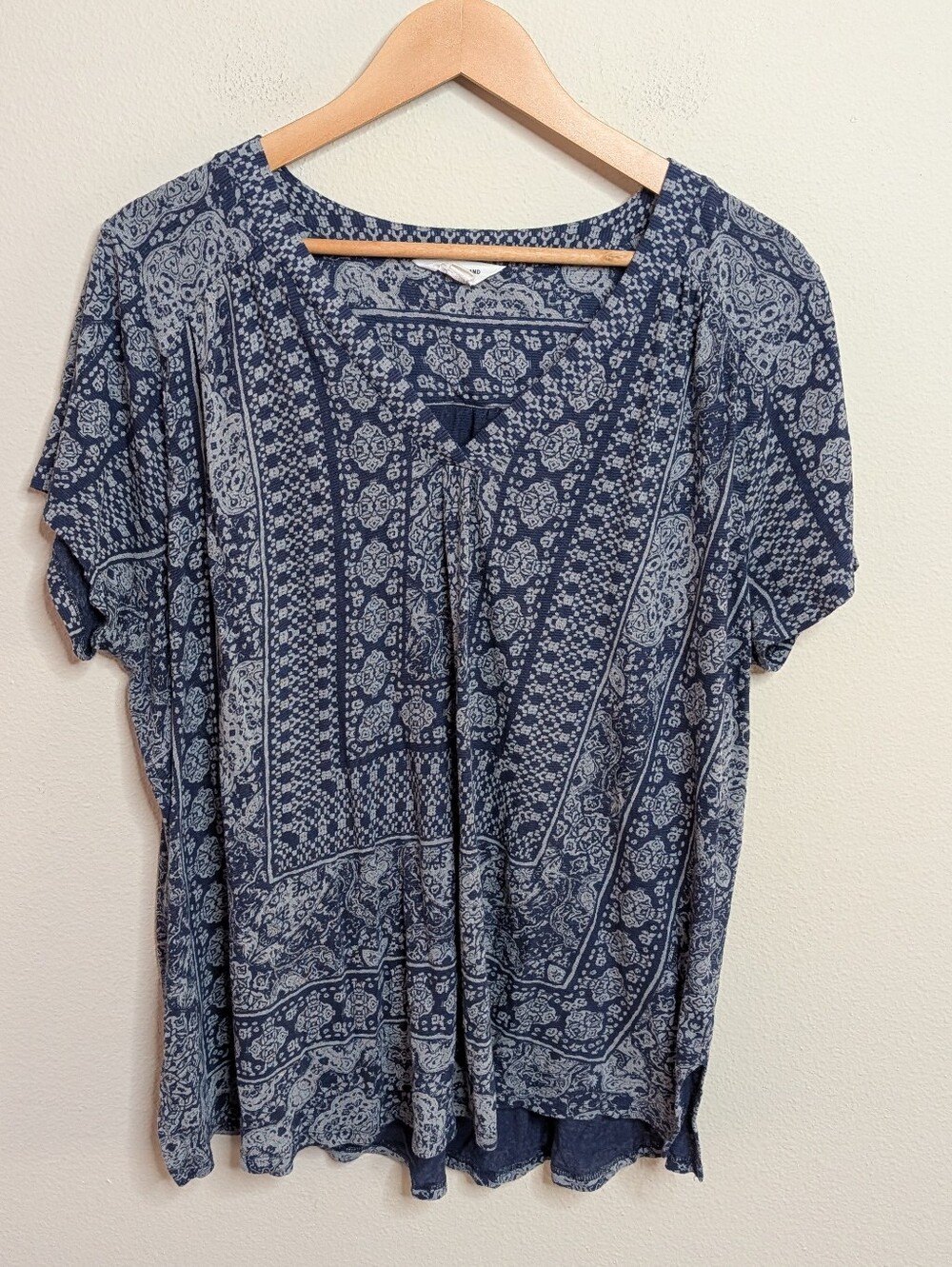 Lucky Brand Navy Blue Gray Bandana Print Cotton Linen Blend Top Size 2X